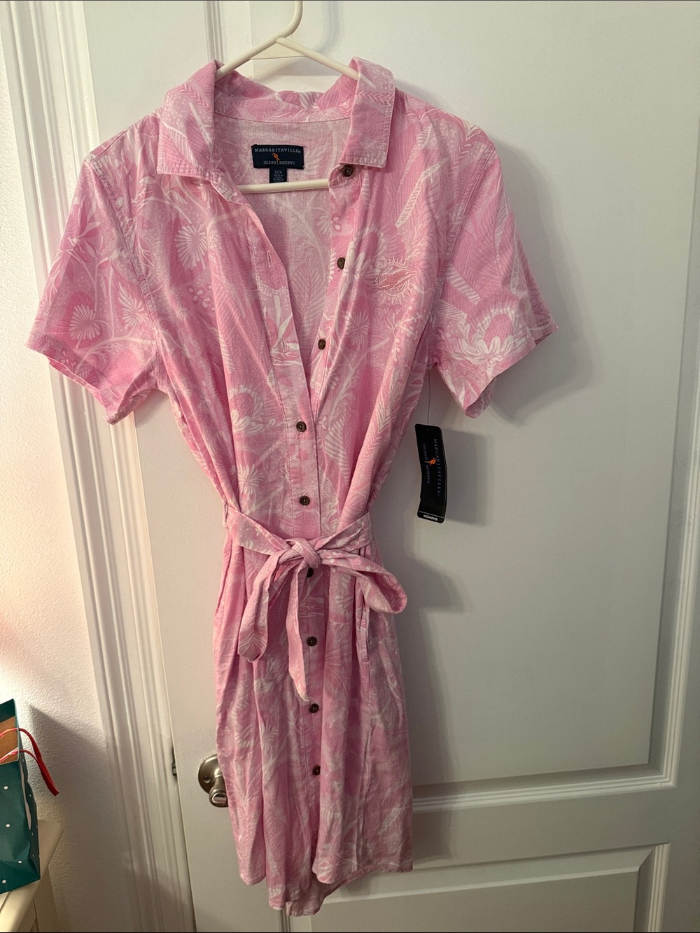 Margaritaville Miami Dolphins Pink Floral Button-Front Mini Dress